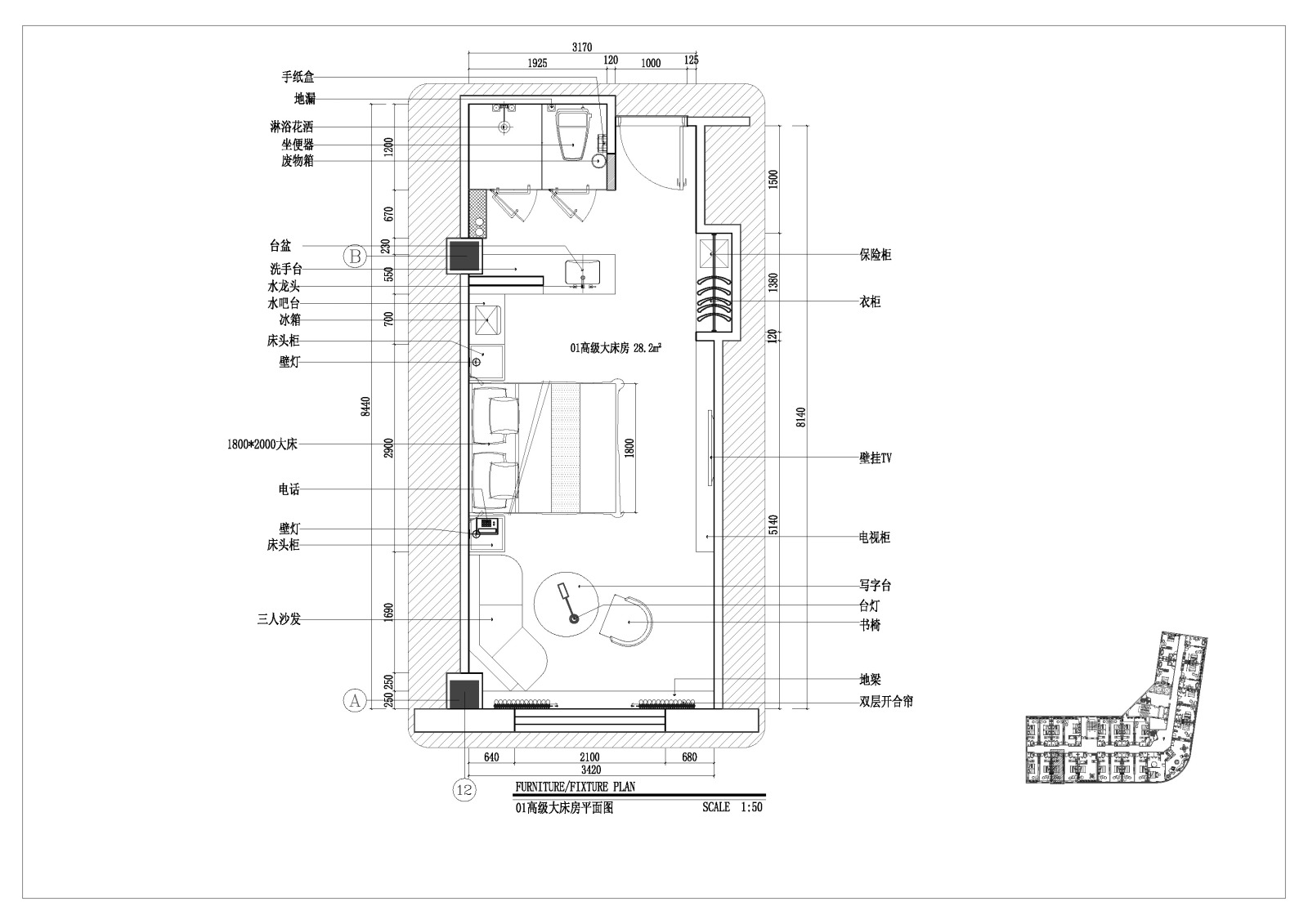 酒店客房详细平面布置图施工图下载【ID:651627606】