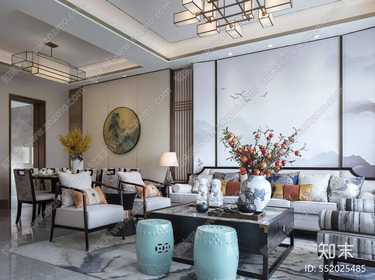 新中式客餐厅施工图下载【ID:552025485】