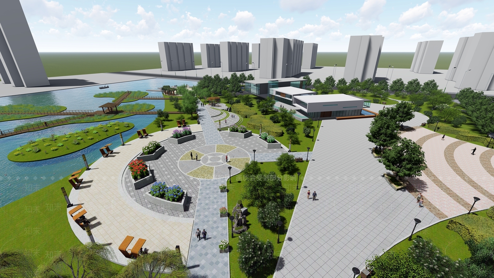 现代风格城市滨水景观设计SU模型下载【ID:352306129】