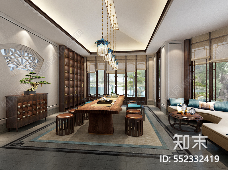 华侨城4层中式风格别墅丨效果图施工图下载【ID:552332419】