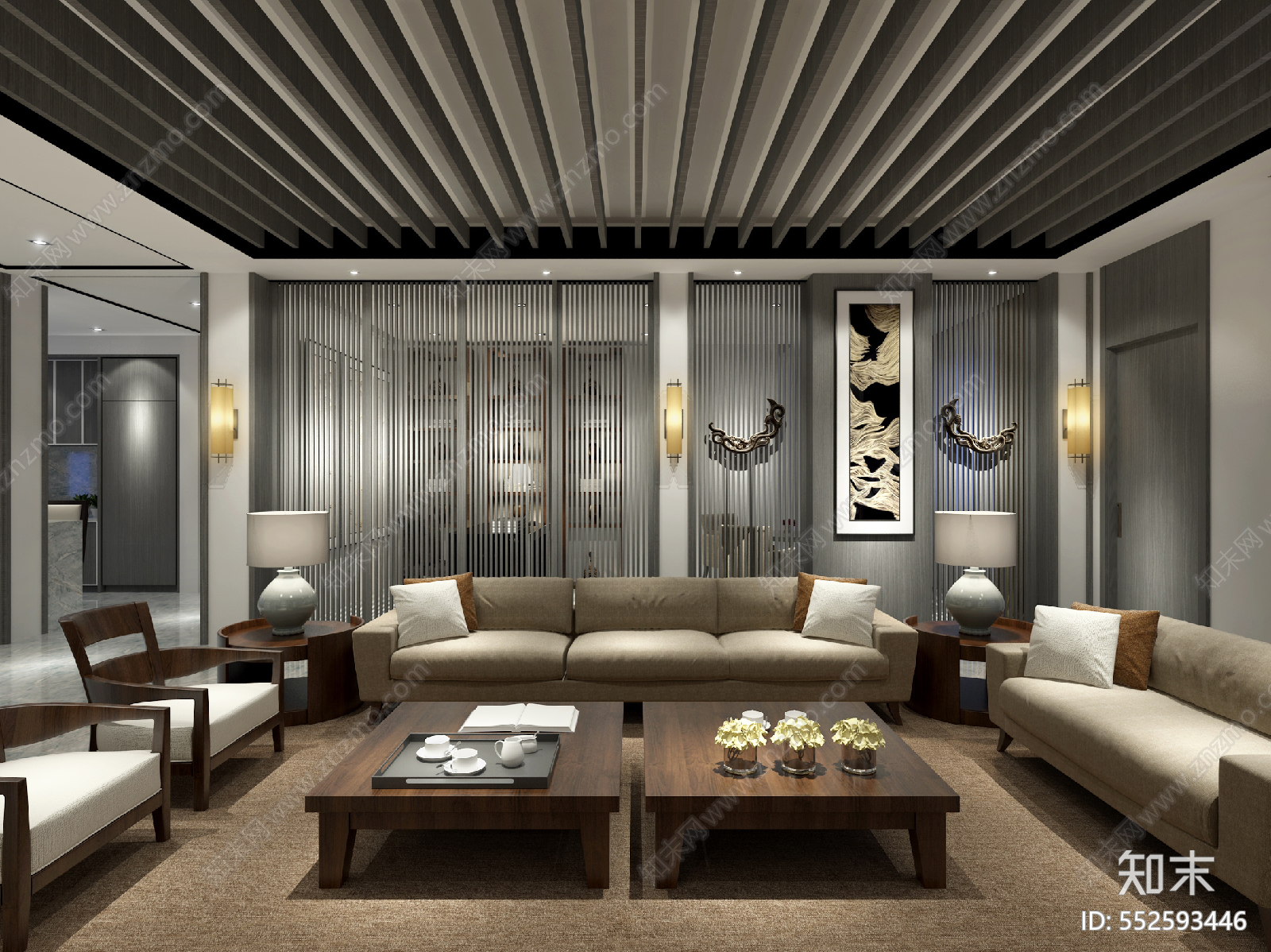 新中式风格豪宅效果图＋施工图＋模型施工图下载【ID:552593446】