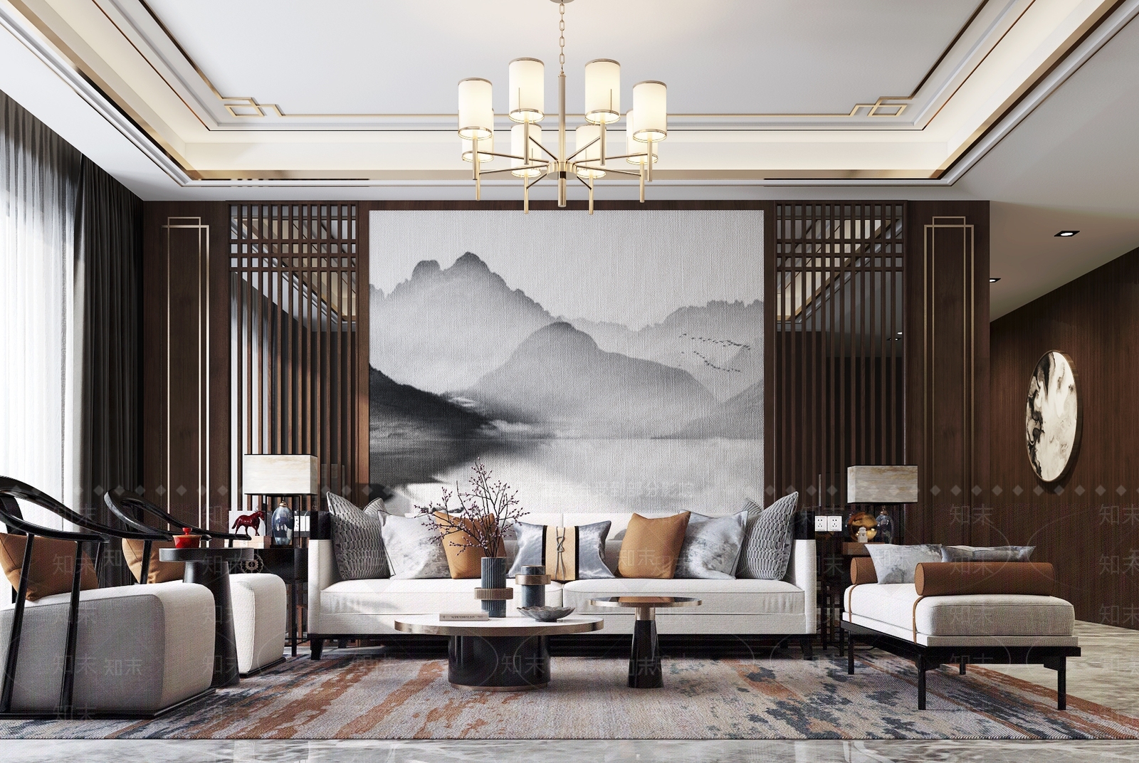 新中式沙发茶几组合3D模型下载【ID:752715743】