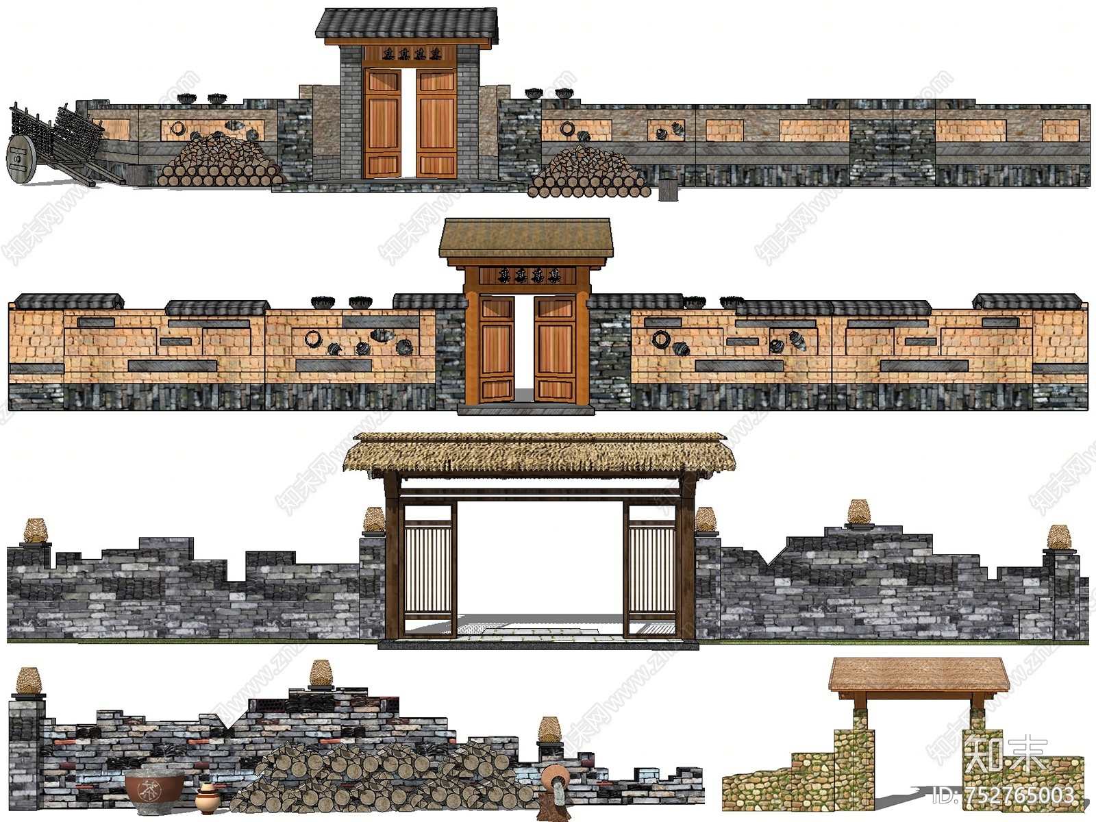 中式乡村农家乐民宿围墙SU模型下载【ID:752765003】