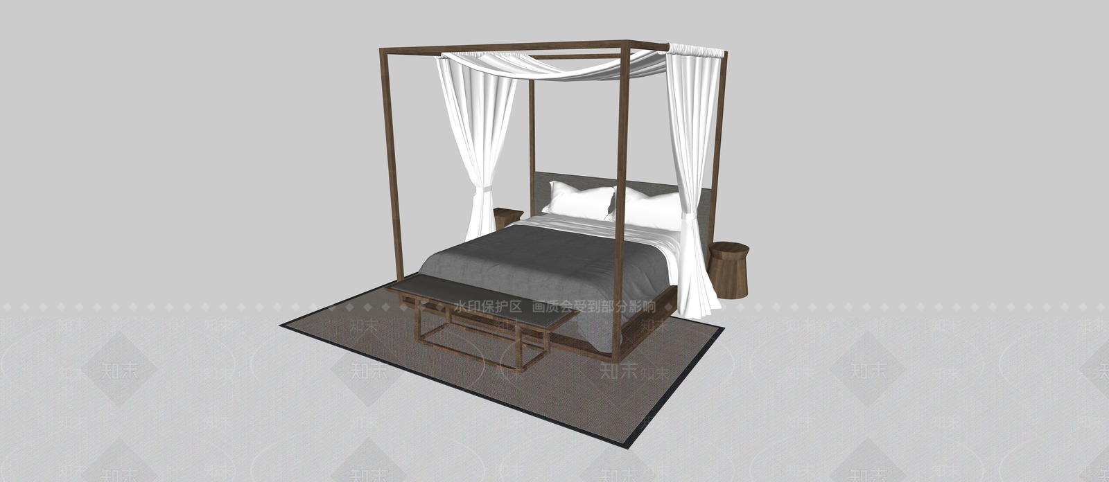新中式风格民宿酒店客房帷幔架子床SU模型下载【ID:952802261】