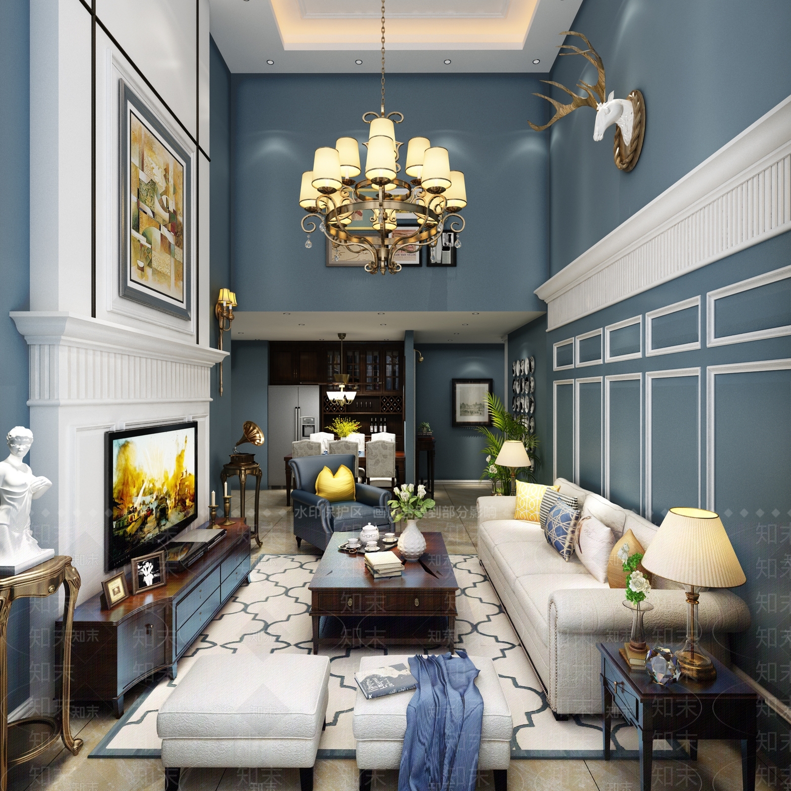 美式风格客餐厅3D模型下载【ID:852826228】