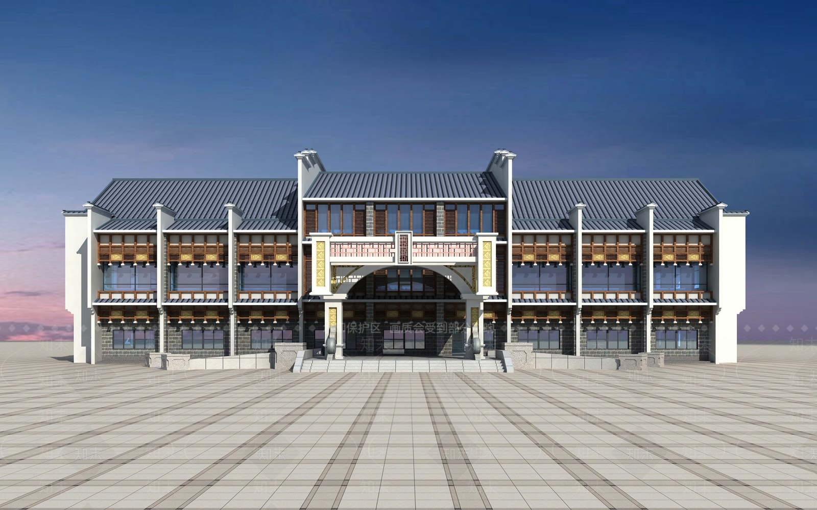 新中式酒店建筑3D模型下载【ID:252886854】
