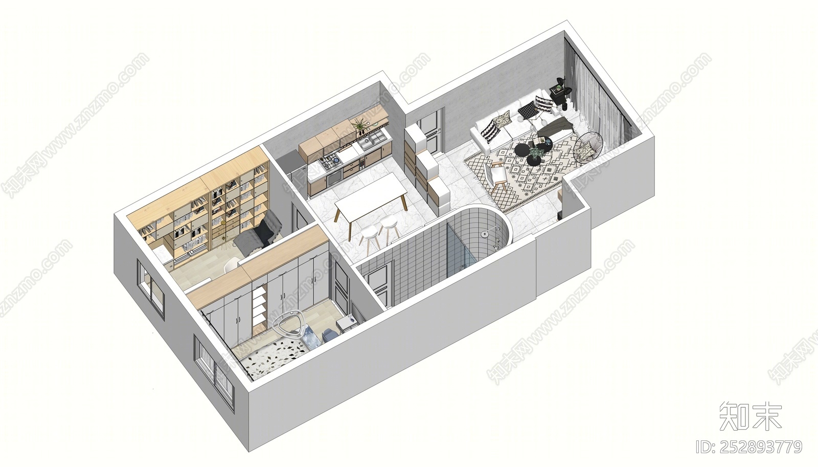 北欧风格单身公寓SU模型下载【ID:252893779】