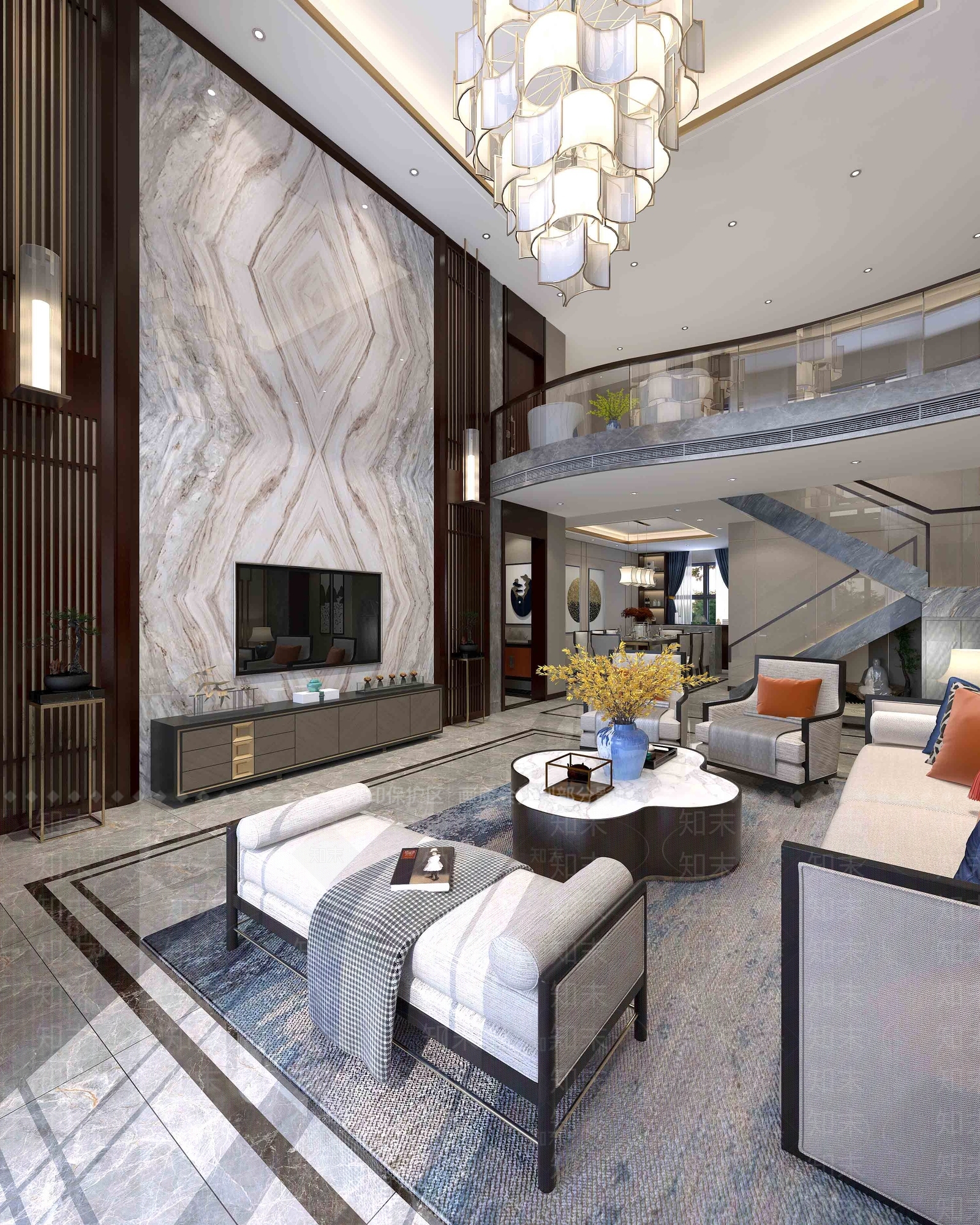 新中式复式客餐厅3D模型下载【ID:852915261】