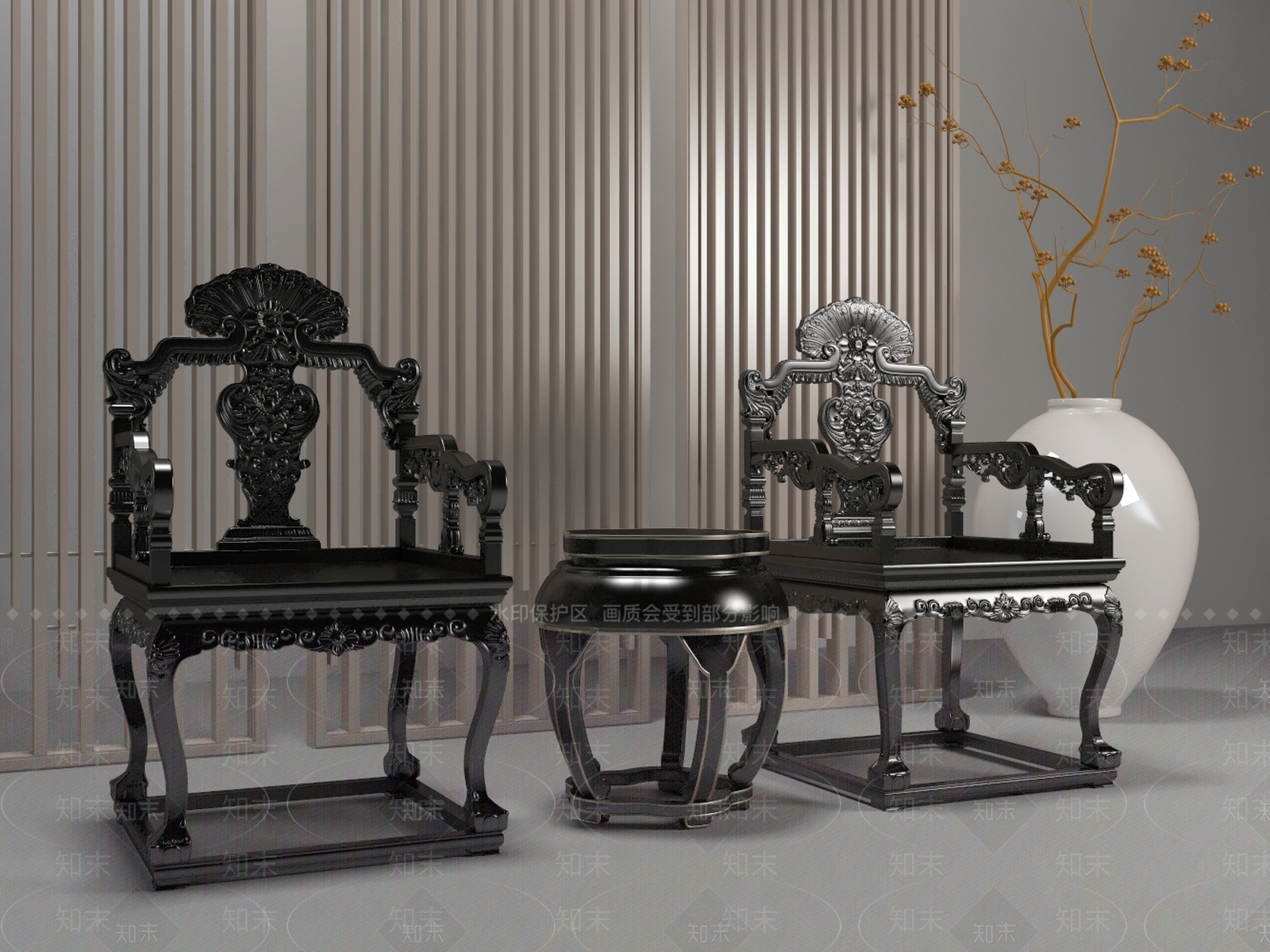 中式实木雕花椅子茶几组合3D模型下载【ID:453107017】