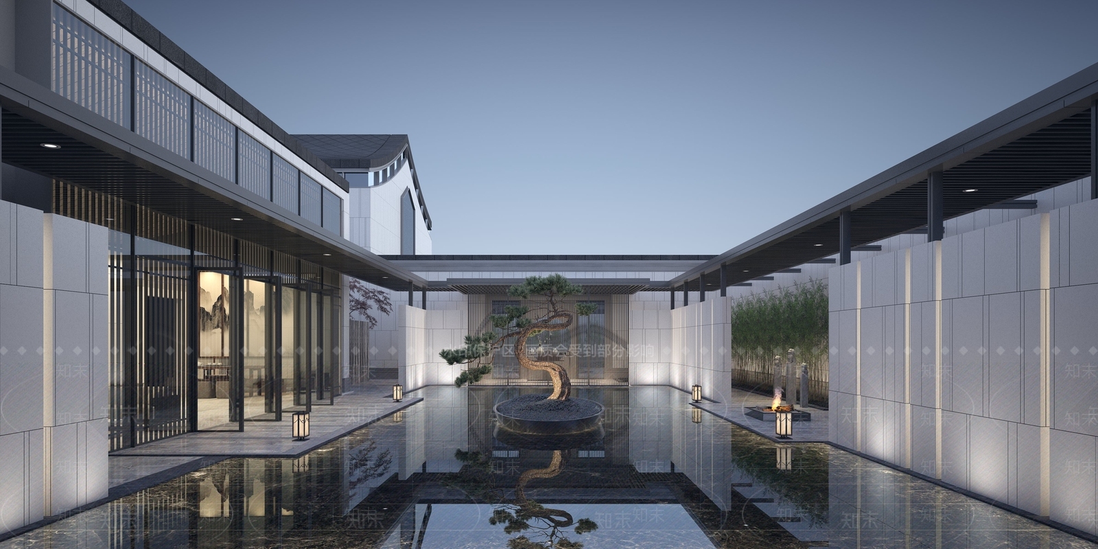 新中式会所售楼部内庭景观3D模型下载【ID:453123503】