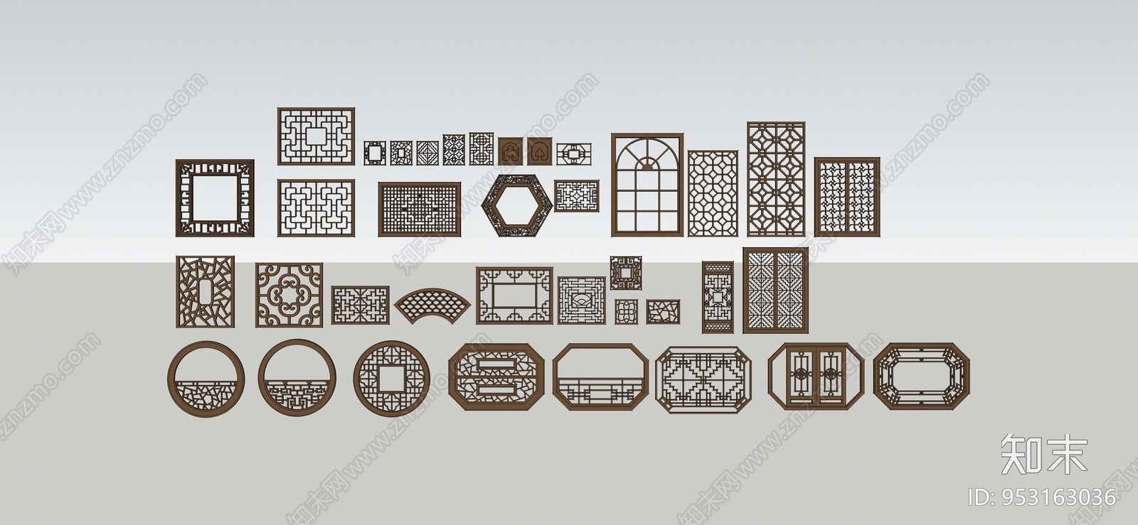 中式窗格雕花SU模型下载【ID:953163036】