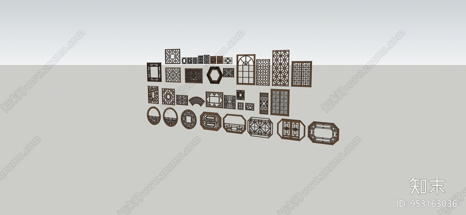 中式窗格雕花SU模型下载【ID:953163036】
