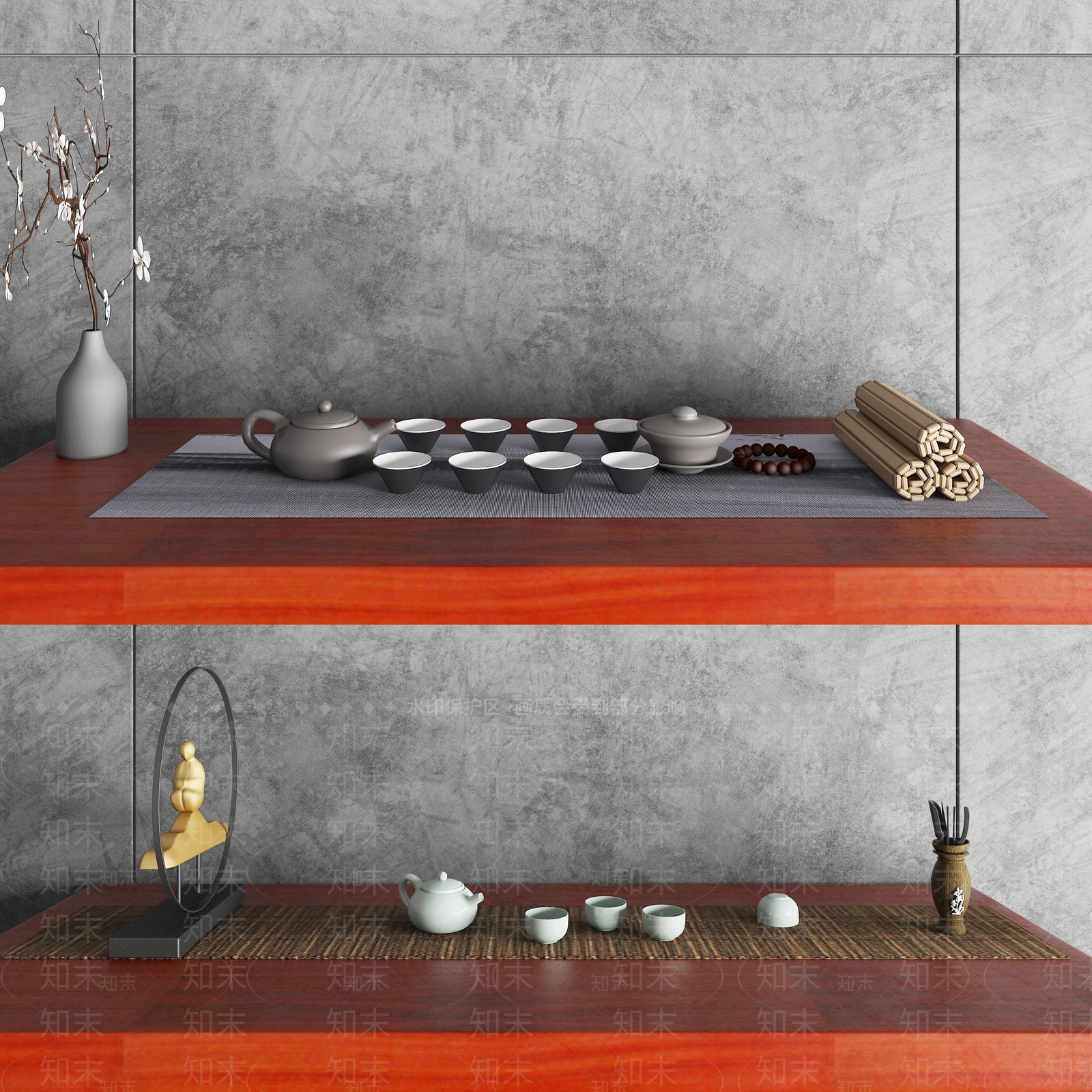 新中式茶台茶具3D模型下载【ID:153247686】