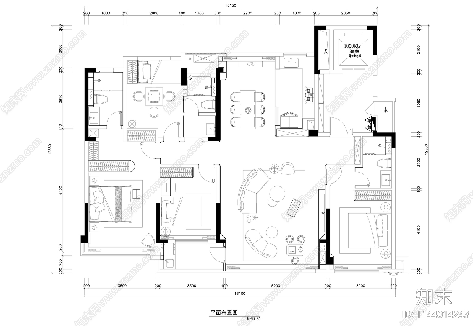 105㎡4房2厅平层家装室内cad施工图下载【ID:1144014243】