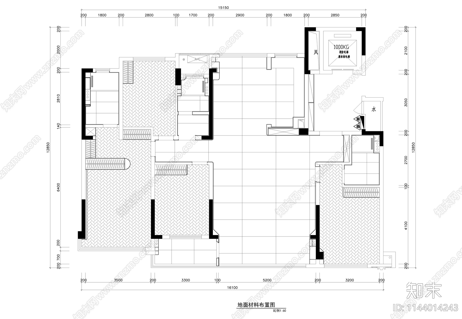 105㎡4房2厅平层家装室内cad施工图下载【ID:1144014243】