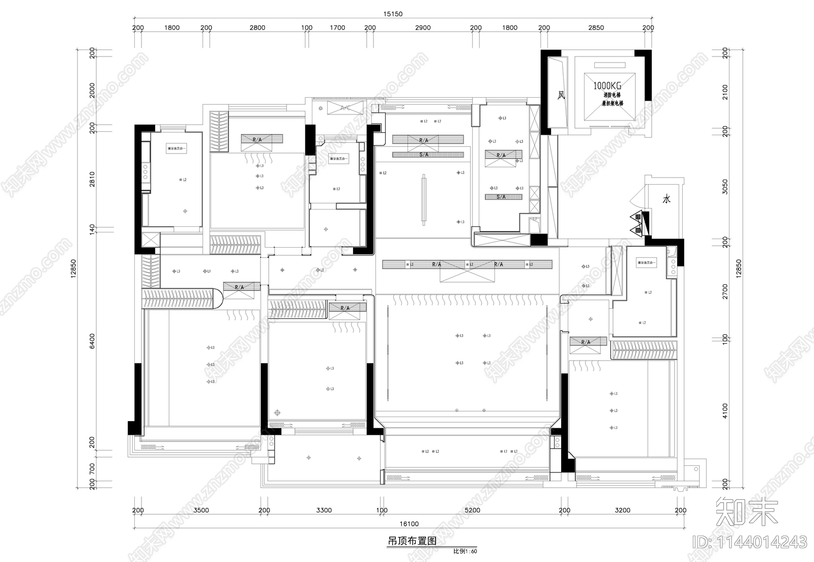 105㎡4房2厅平层家装室内cad施工图下载【ID:1144014243】