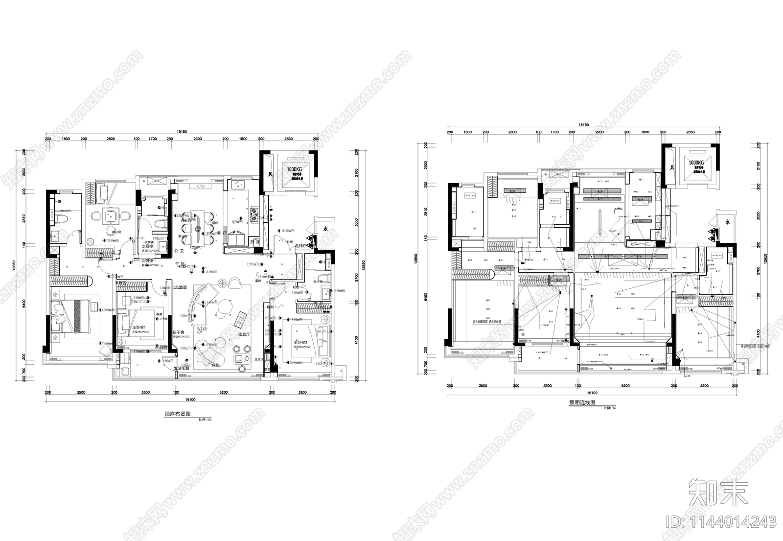 105㎡4房2厅平层家装室内cad施工图下载【ID:1144014243】