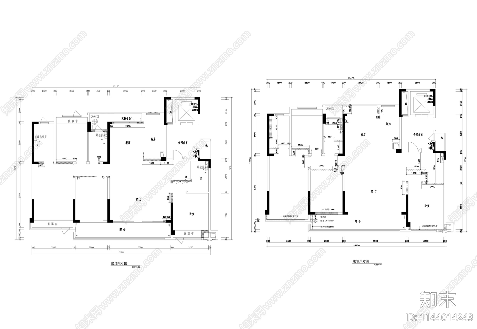 105㎡4房2厅平层家装室内cad施工图下载【ID:1144014243】