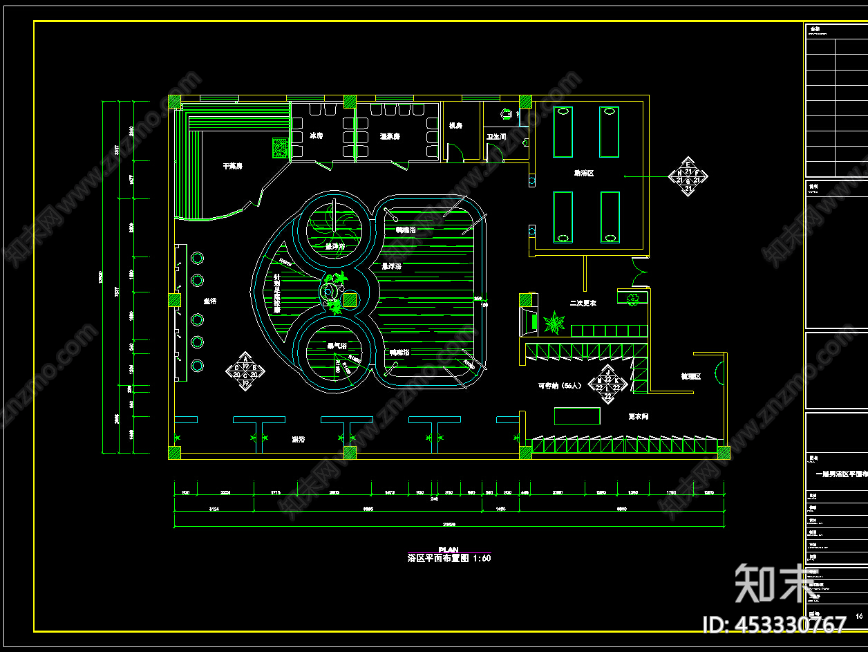洗浴休闲中心装修图cad施工图下载【ID:453330767】