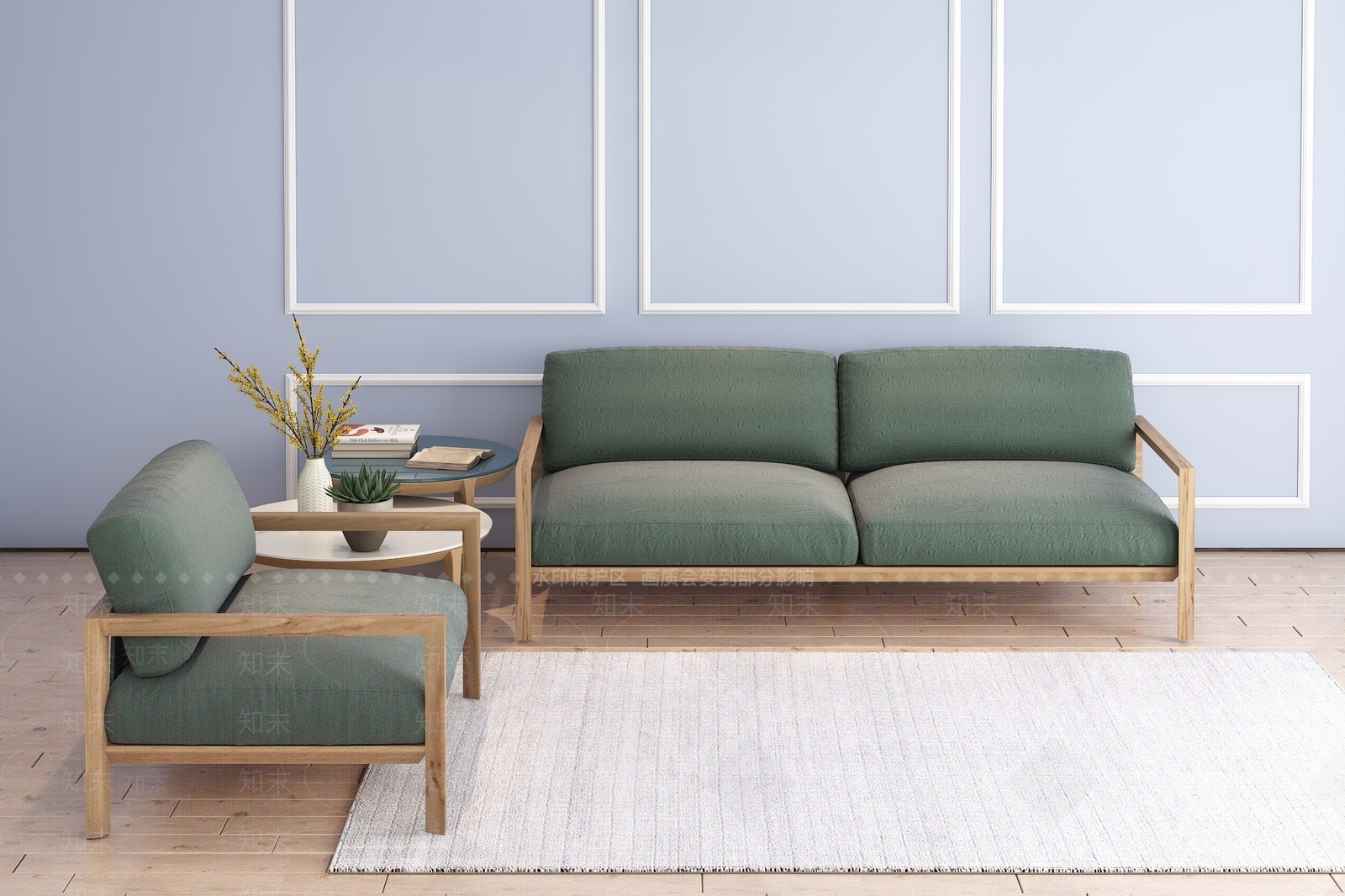 北欧实木沙发茶几组合3D模型下载【ID:153394069】