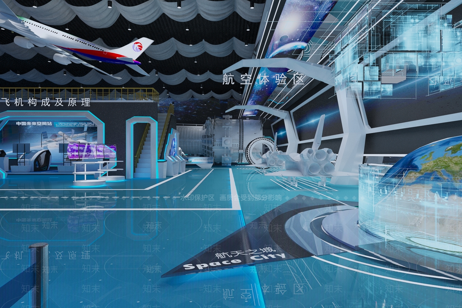 现代科技航空VR模拟仓展厅展馆3D模型下载【ID:953533569】