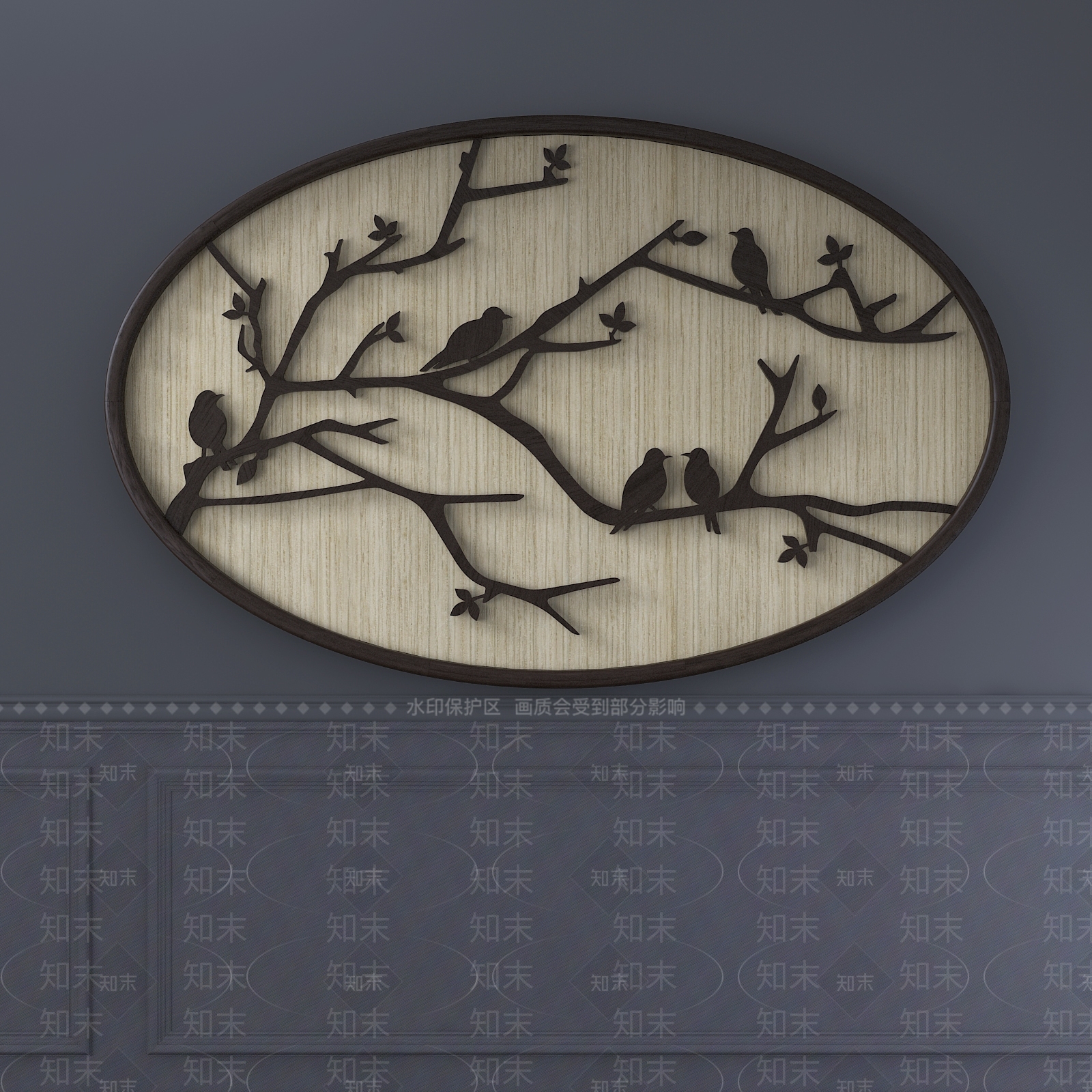 新中式小鸟树枝墙饰挂件3D模型下载【ID:253561221】