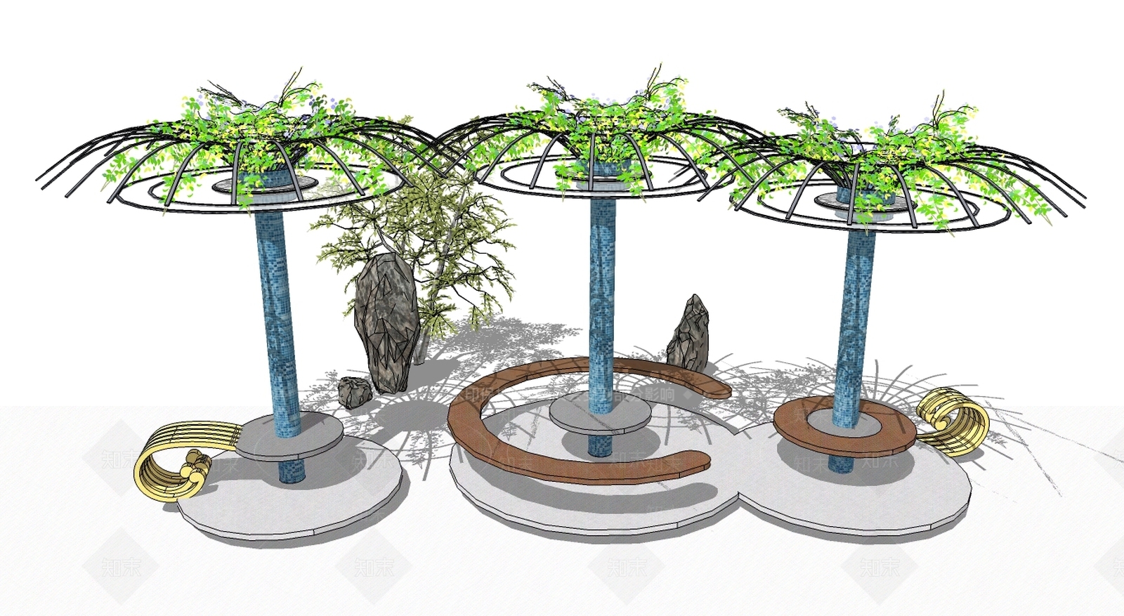 现代乡村公园景观坐凳凉亭SU模型下载【ID:453602854】