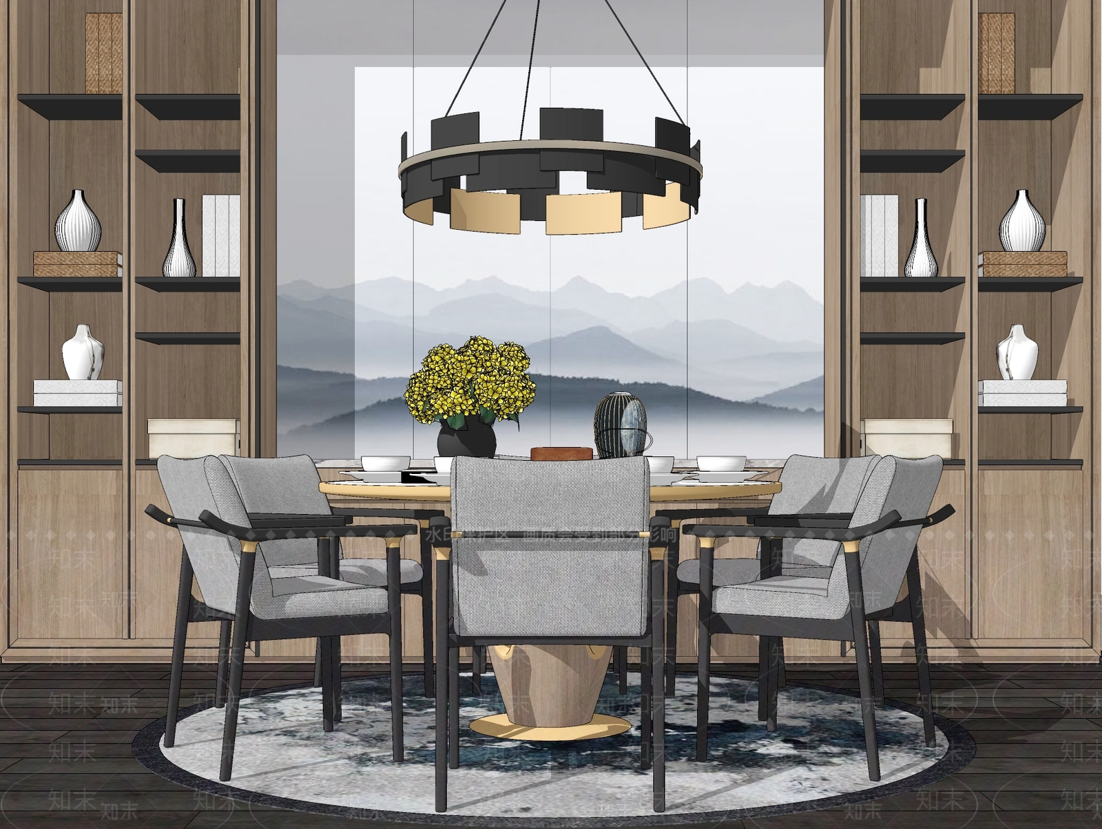 新中式餐厅陈列柜SU模型下载【ID:753749703】