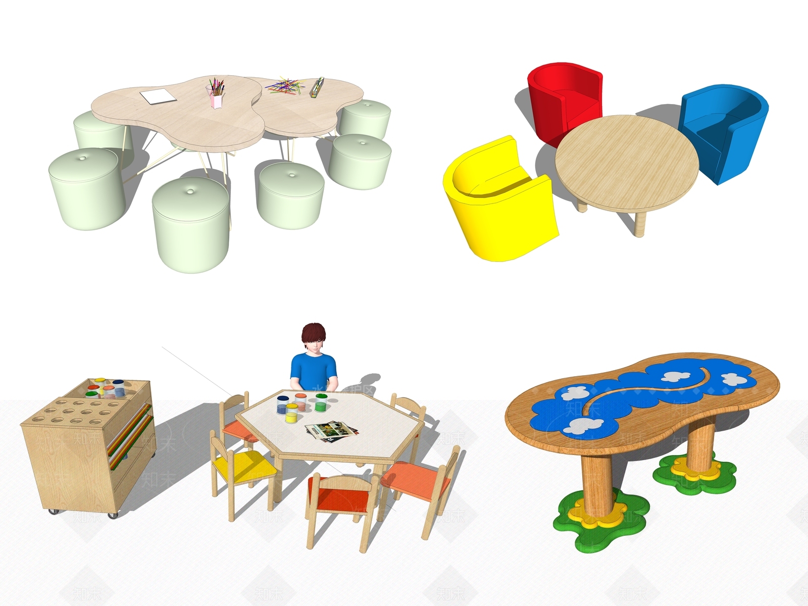 现代风格幼儿园儿童桌椅组合SU模型下载【ID:853772054】