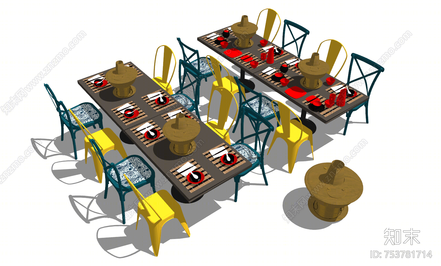 新中式风格火锅店餐桌椅SU模型下载【ID:753781714】