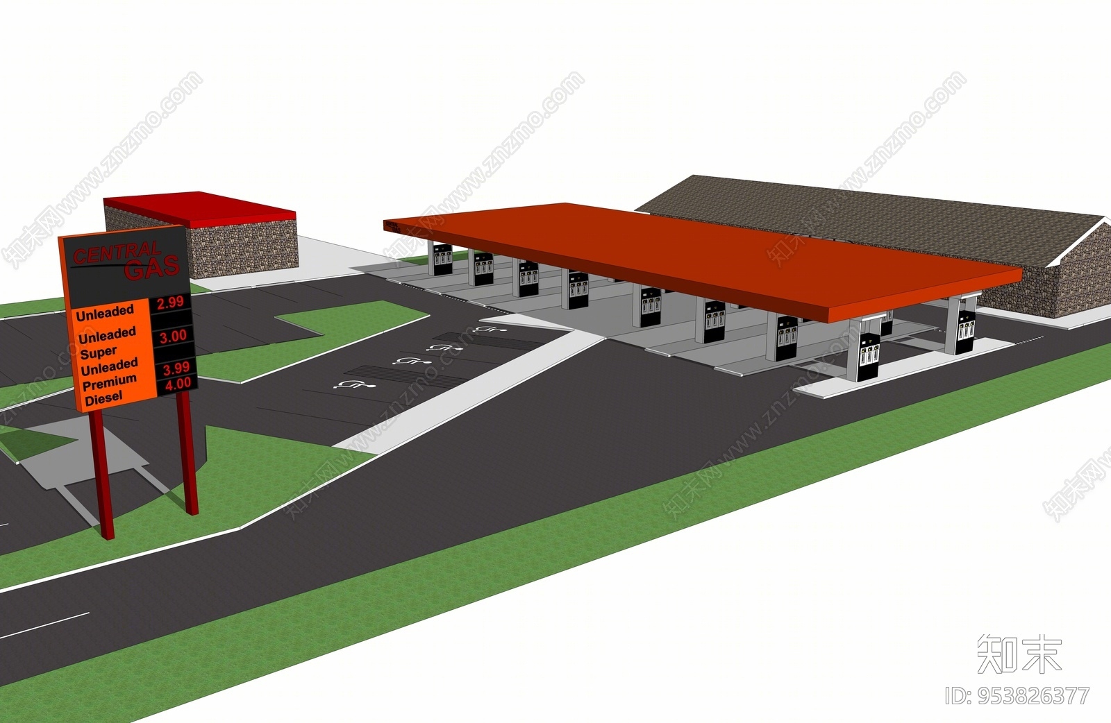 现代风格加油站SU模型下载【ID:953826377】