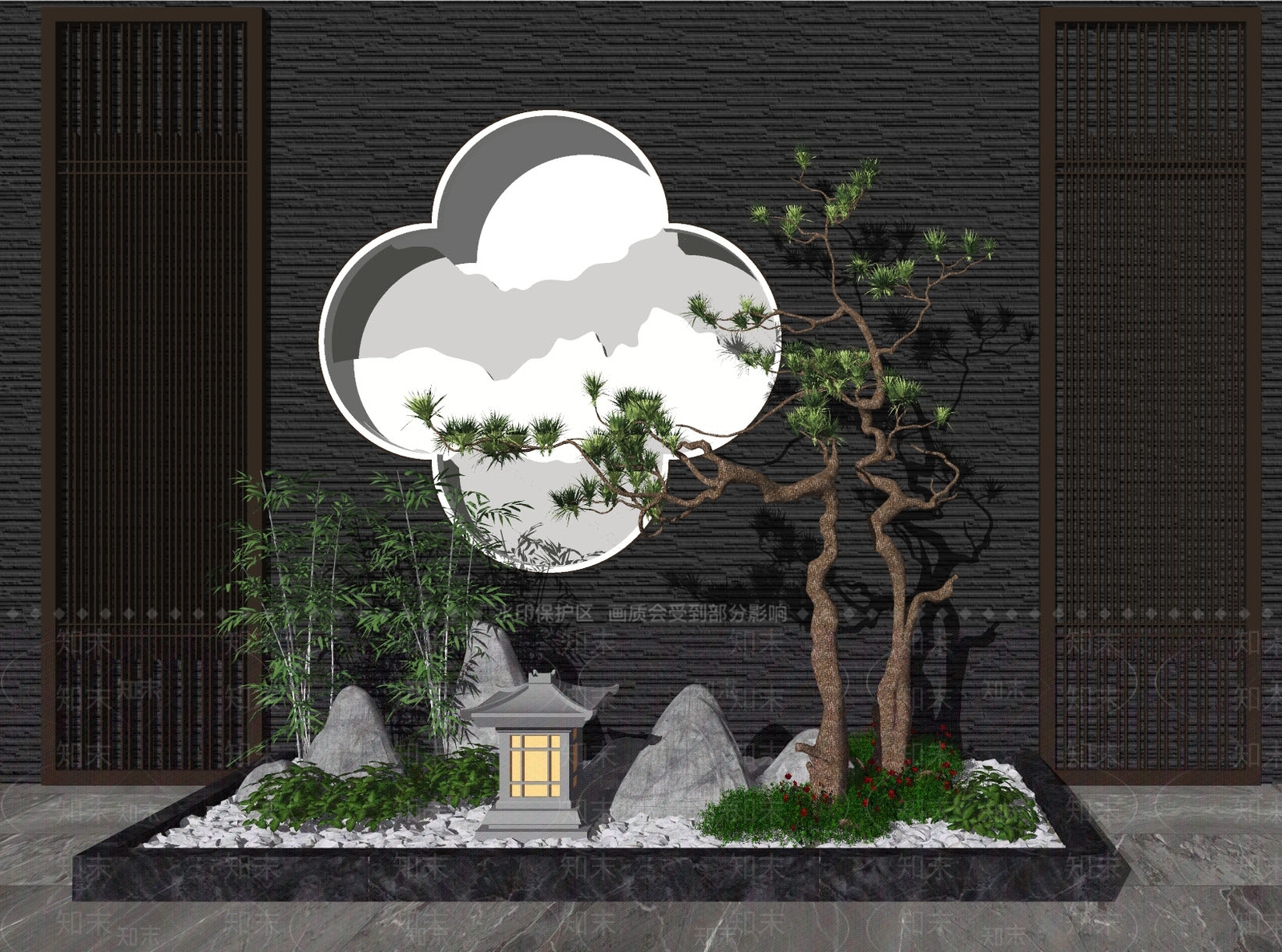 新中式旱景松树假山园艺小品SU模型下载【ID:753979476】