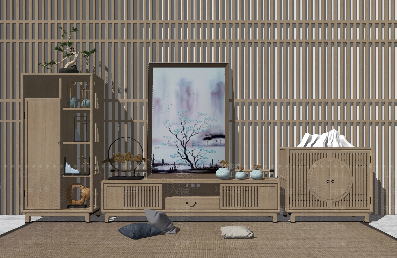 新中式电视柜陈列柜组合SU模型下载【ID:254075159】