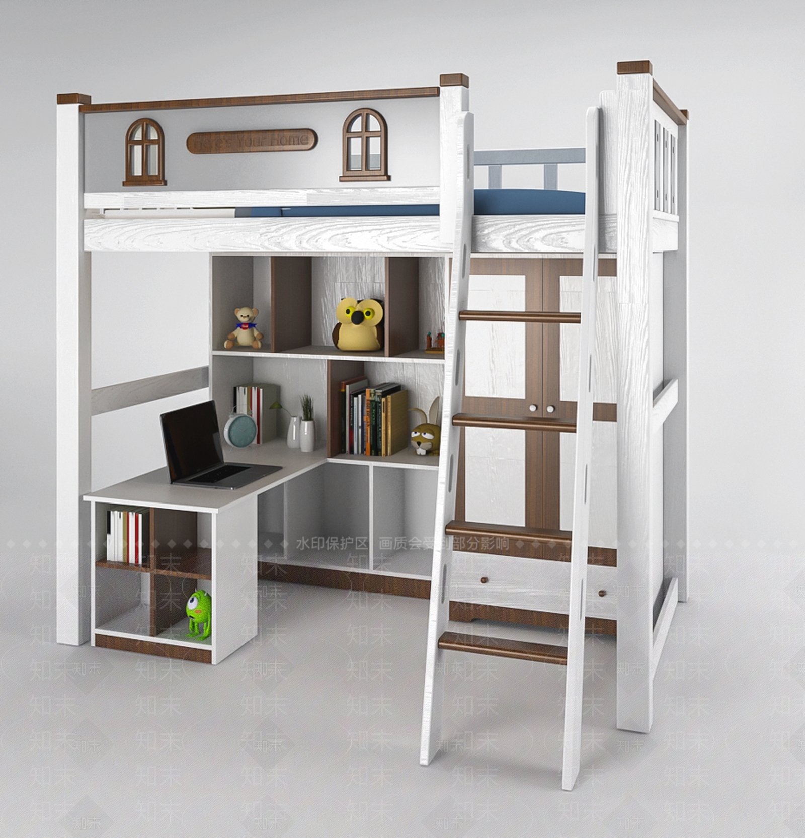 北欧风格上下多功能床上床下学习电脑桌衣柜SU模型下载【ID:154226871】