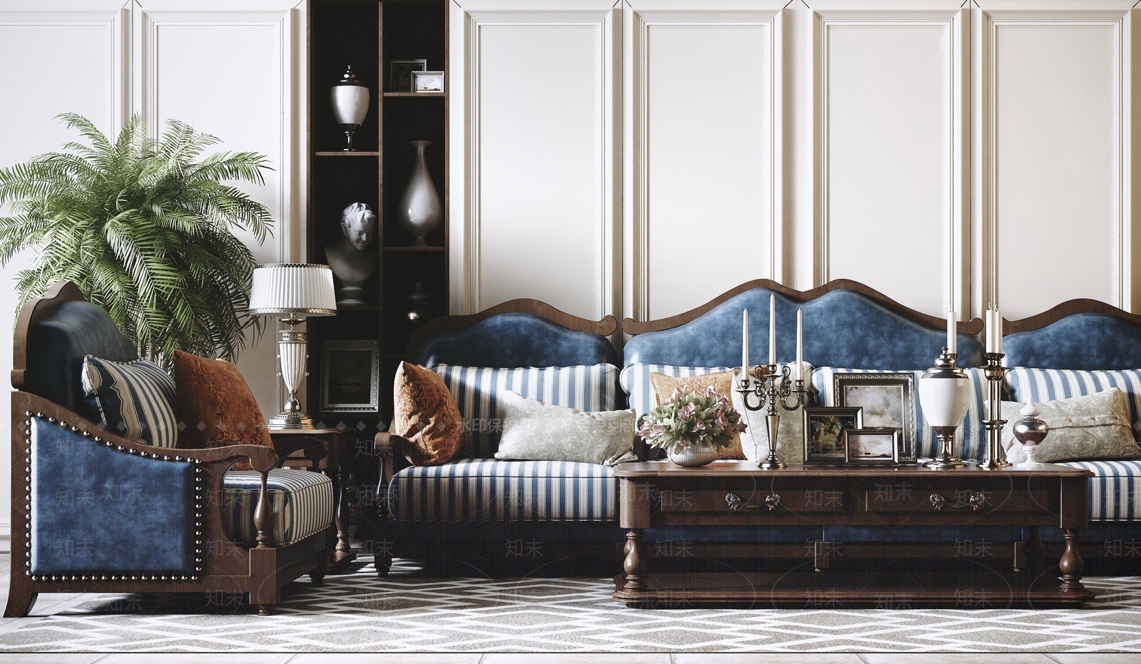 美式实木沙发茶几组合3D模型下载【ID:354241379】