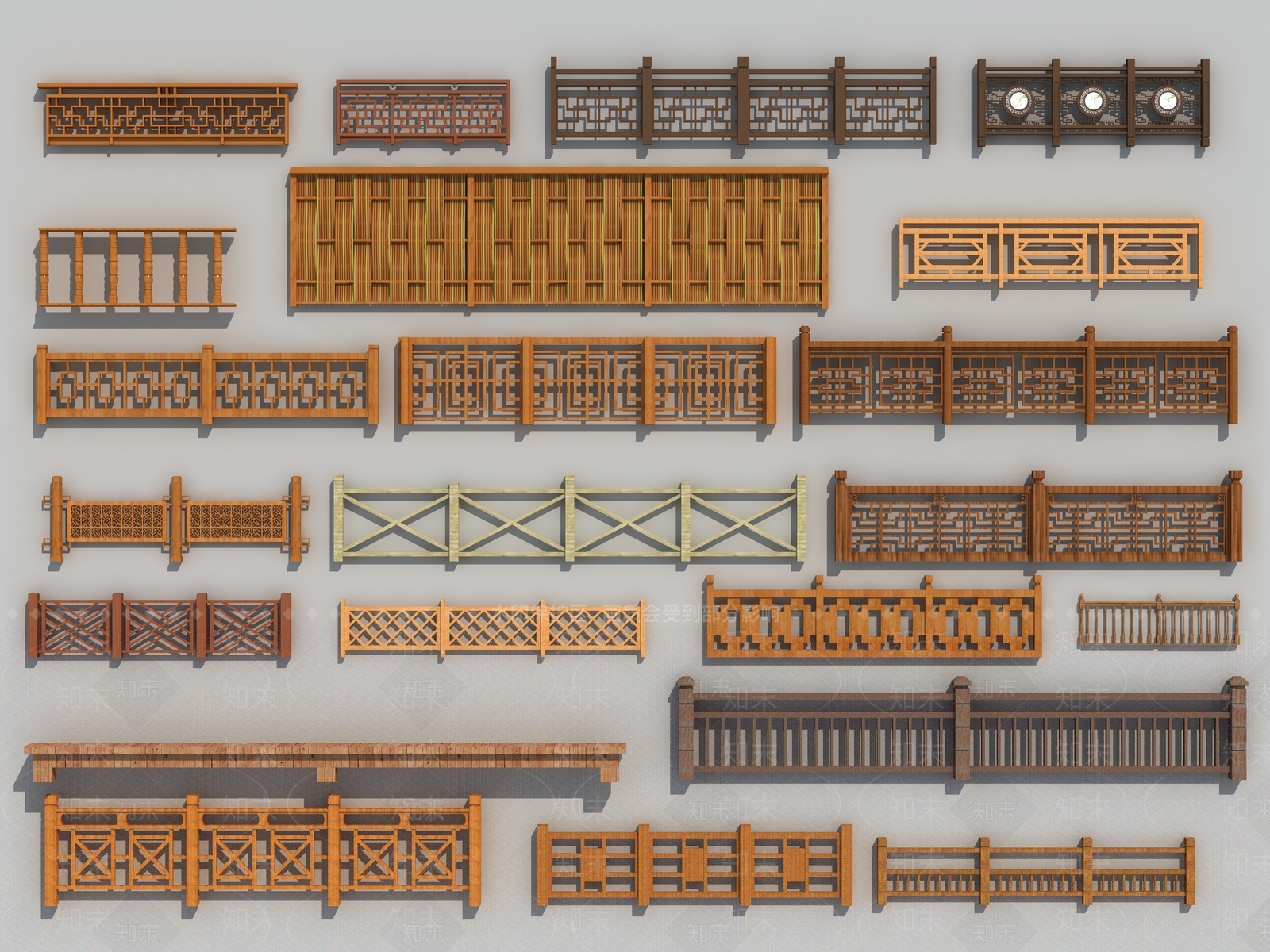 中式木质栏杆3D模型下载【ID:954251121】