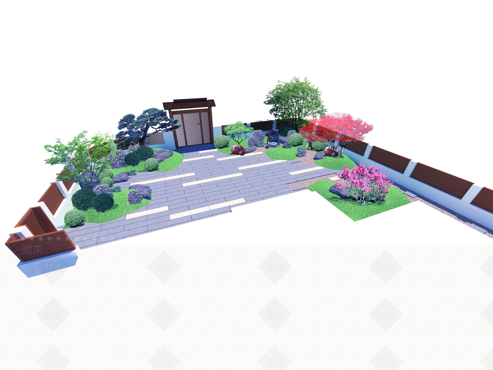 日式风格别墅庭院景观设计SU模型下载【ID:554300957】