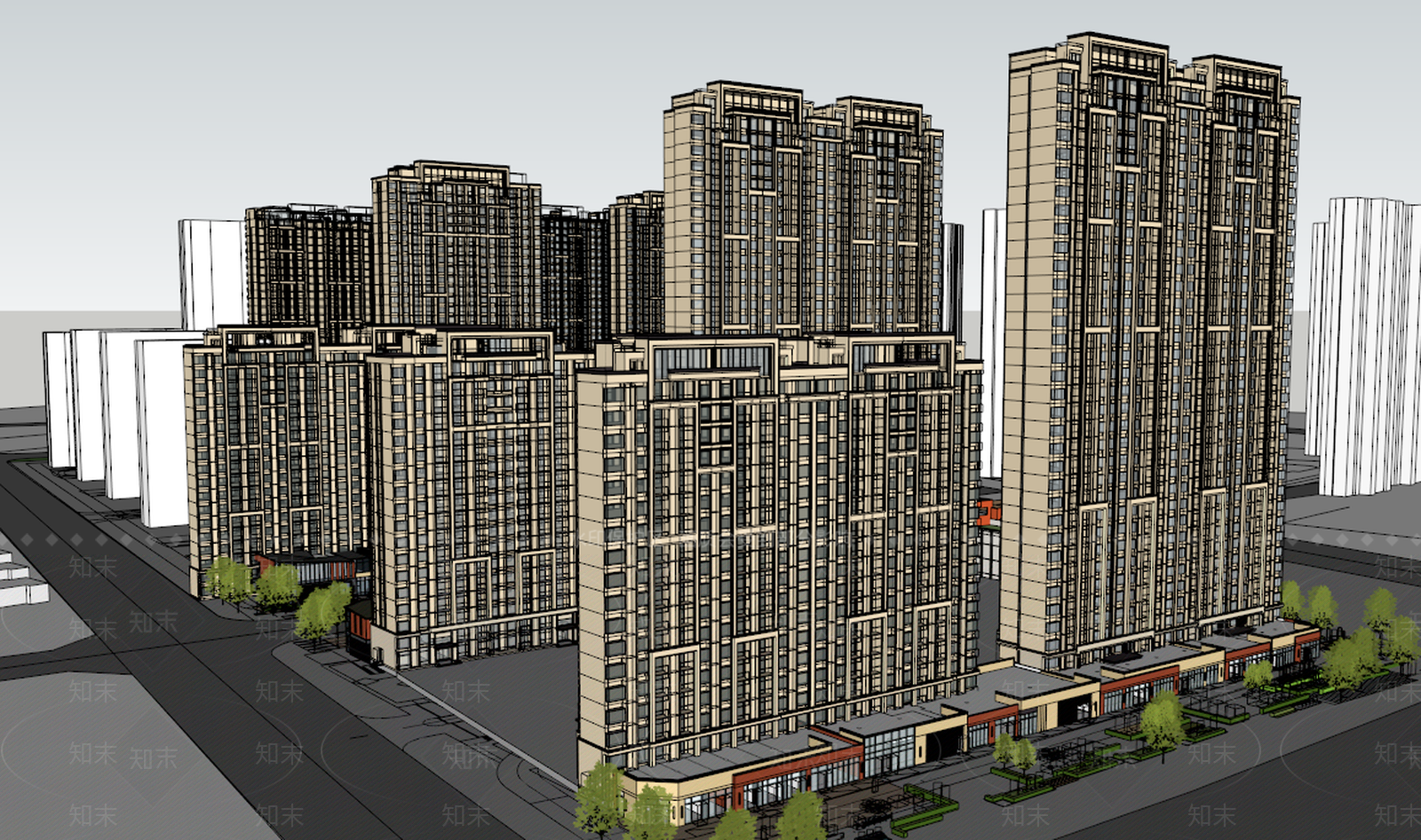 现代典雅风高层住宅SU模型下载【ID:254339722】