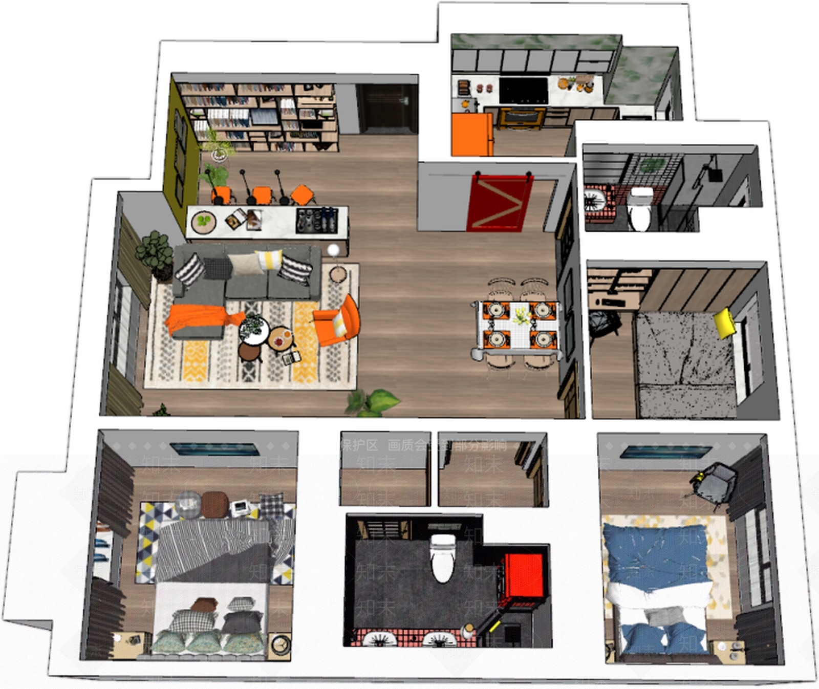 北欧风格家居客厅玄关餐厅卧室卫生间厨房吧台三室两厅室内空间SU模型下载【ID:954426818】