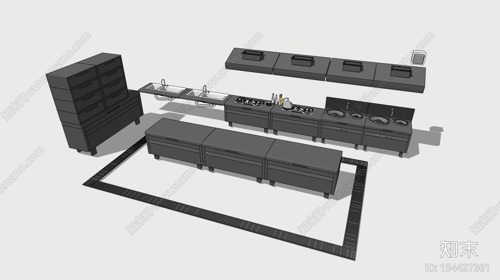 现代风格厨房用品组合SU模型下载【ID:154427361】