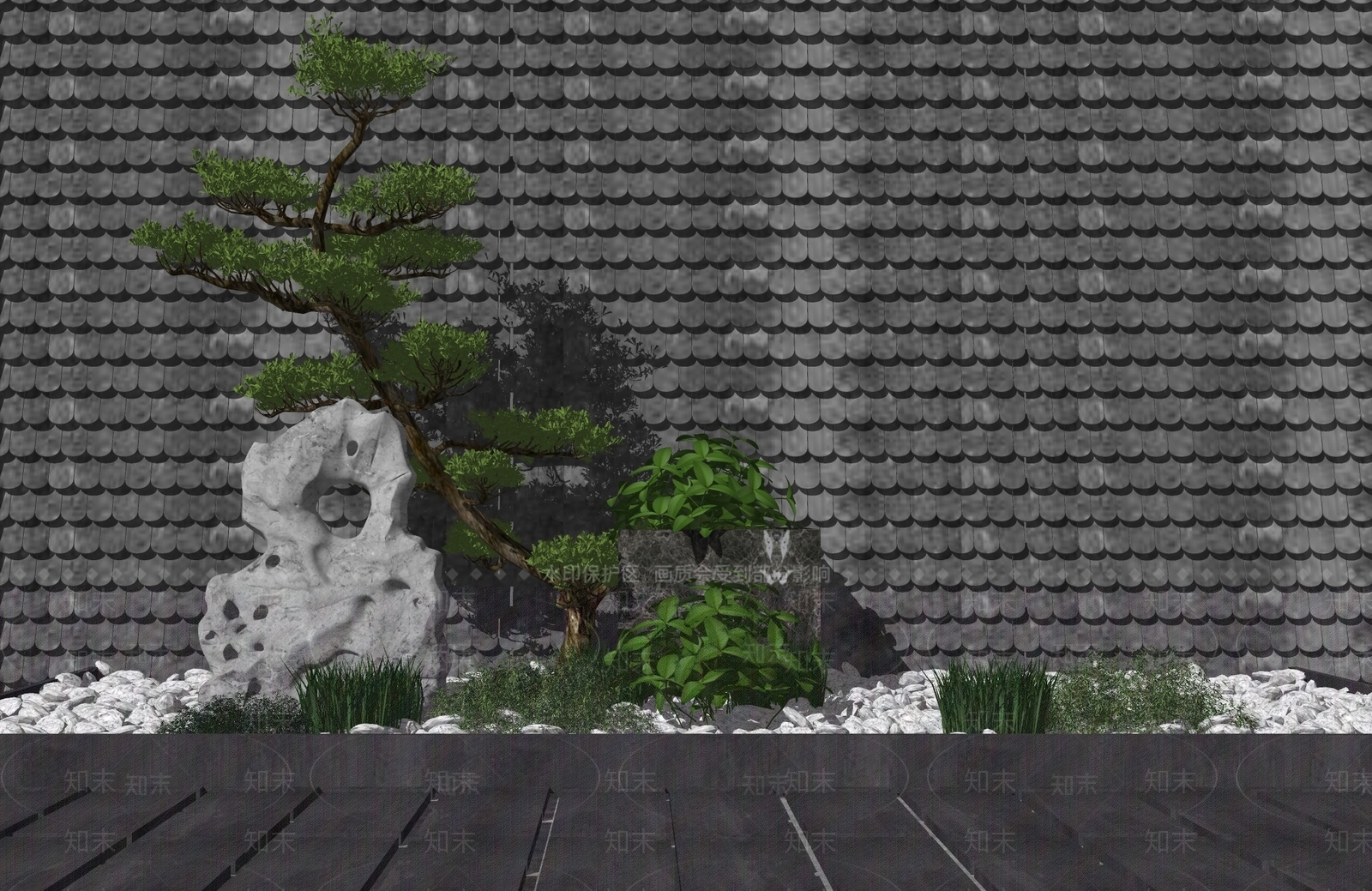 新中式景观小品假山松树SU模型下载【ID:554475982】