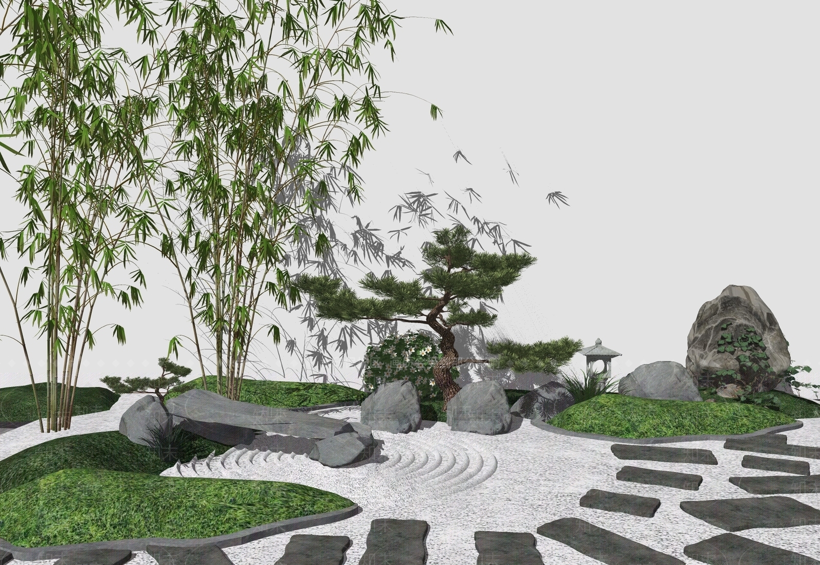 新中式假山松树绿植景观小品SU模型下载【ID:554655948】