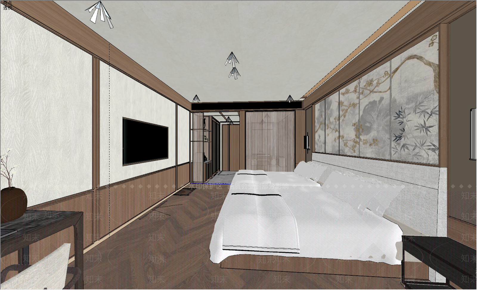 新中式风格酒店客房标间双人房带enscape材质灯光SU模型下载【ID:954677254】