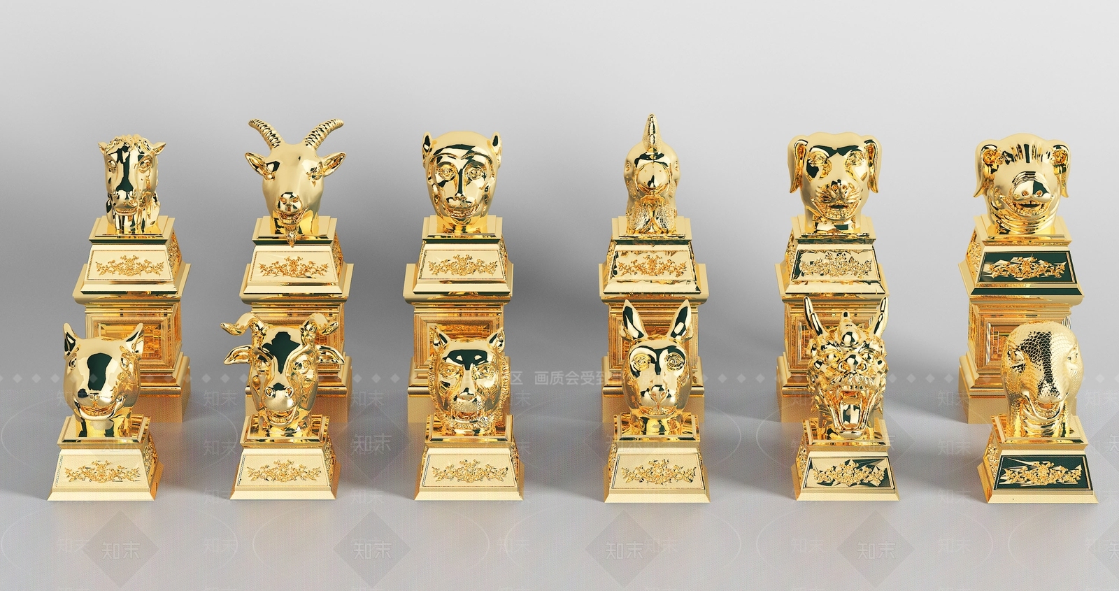 新中式十二兽首鎏金雕塑装置3D模型下载【ID:354706830】