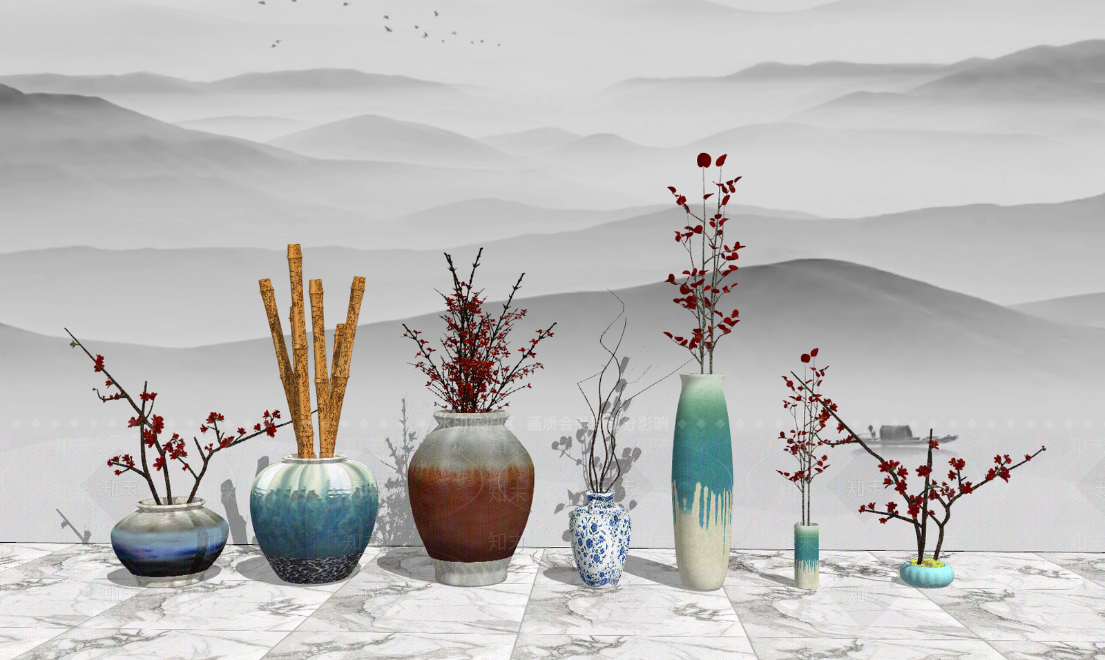 新中式花瓶干枝SU模型下载【ID:954948942】