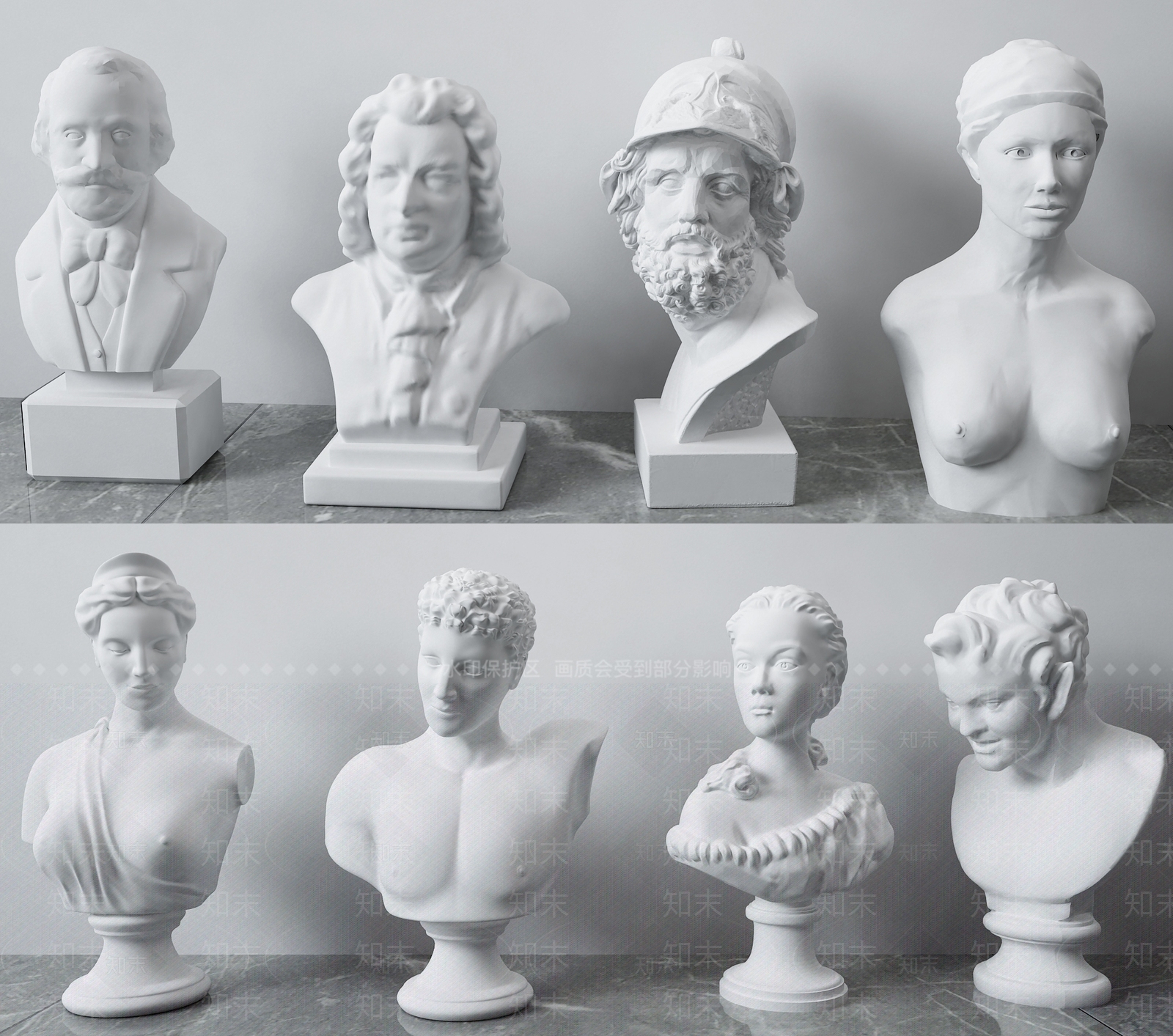 简欧石膏人像雕塑装置3D模型下载【ID:355000836】