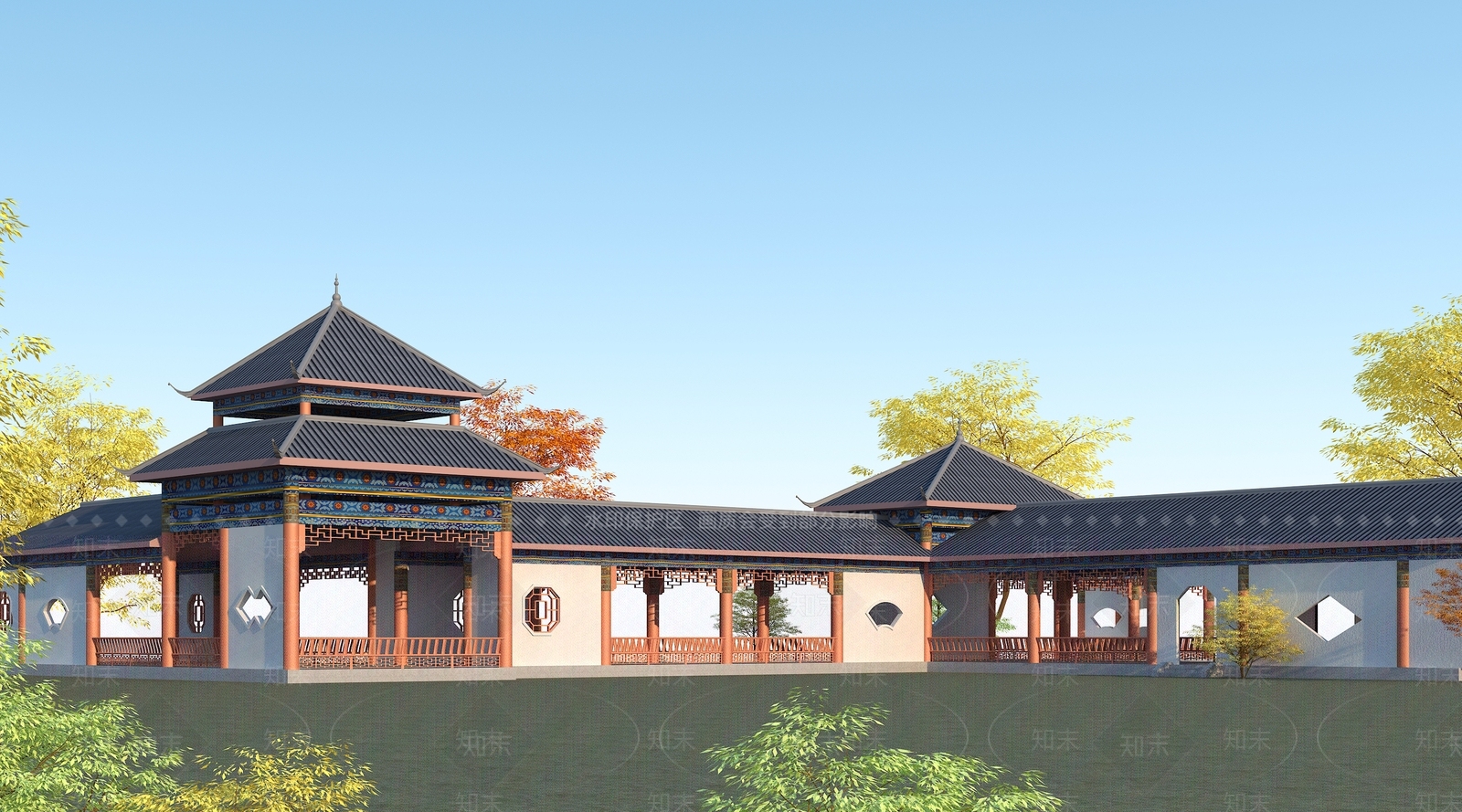 中式古建休闲长廊3D模型下载【ID:555289995】