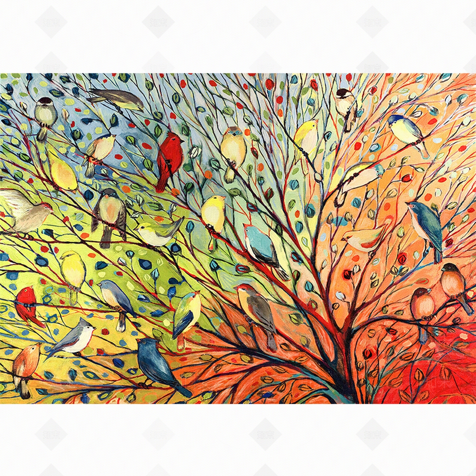 壁画，树，鸟，壁纸，现代，北欧，轻奢，电视背景贴图下载【ID:355291072】