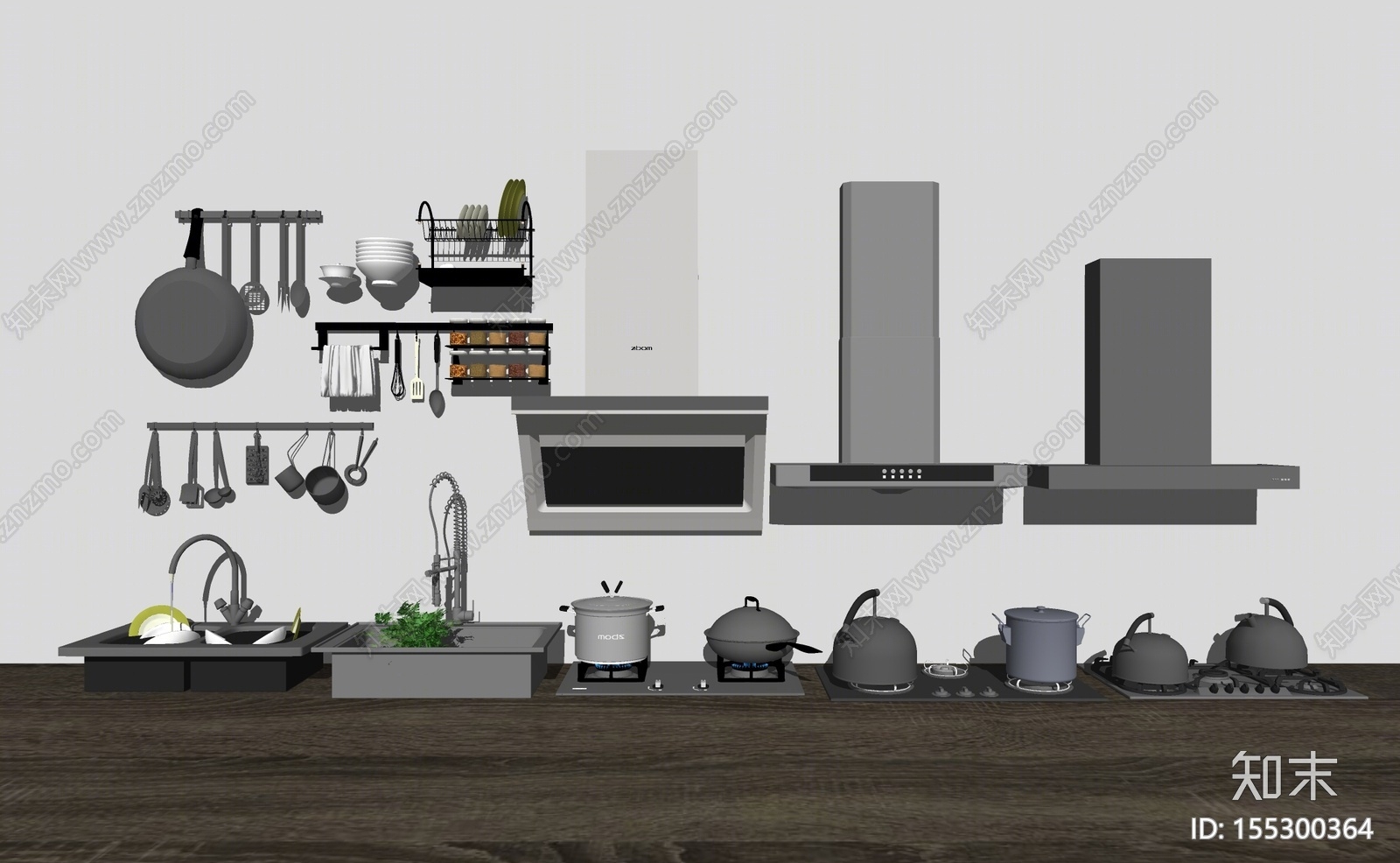 现代风格厨房用品组合SU模型下载【ID:155300364】