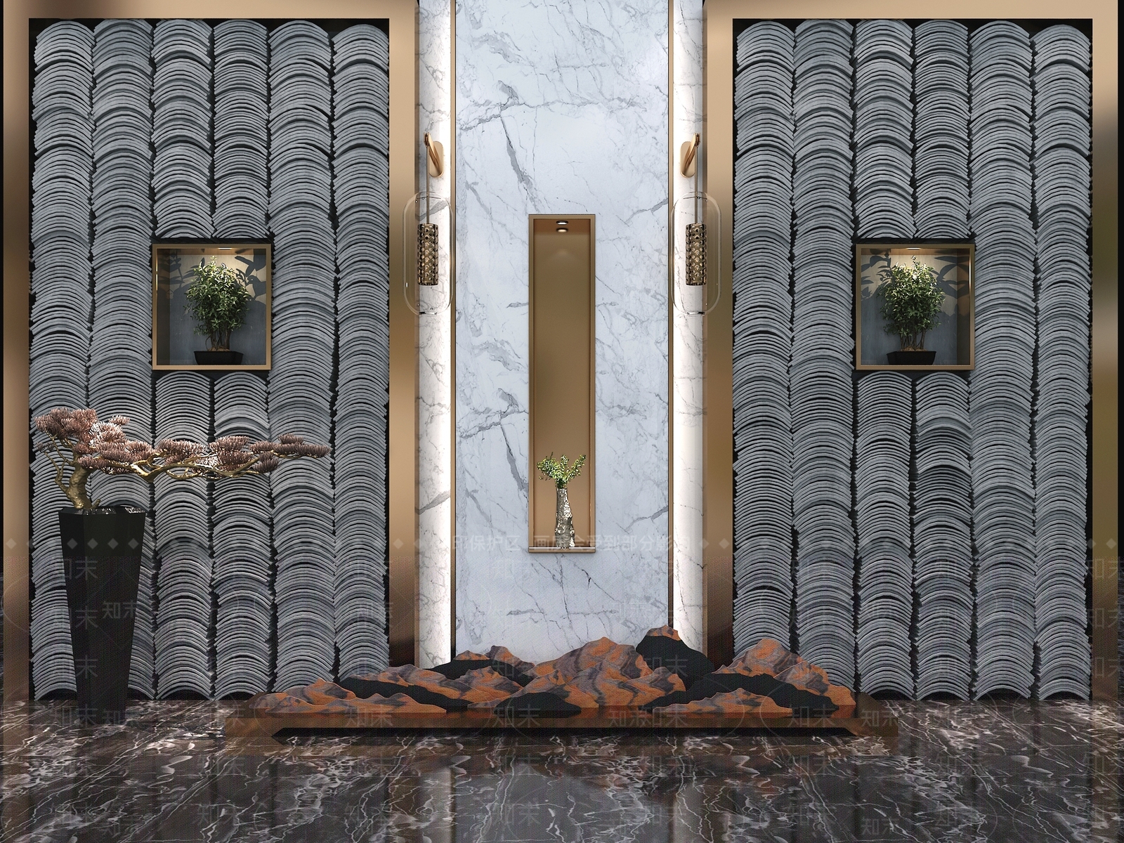 新中式瓦片装饰墙3D模型下载【ID:355371407】